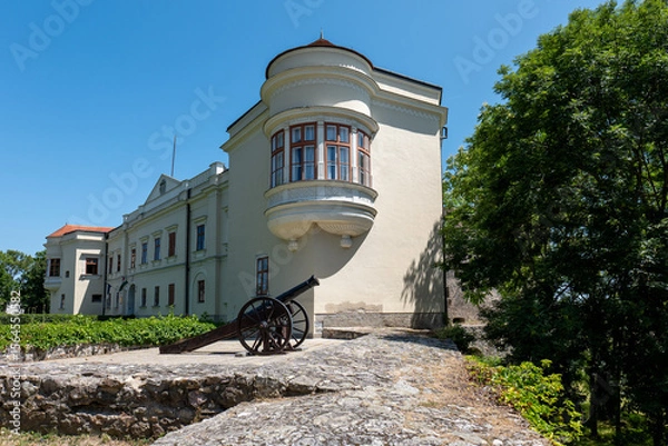 Fototapeta Historic Sárospatak Castle in Hungary with old black cannon on stone terrace, Renaissance architecture, green trees, and clear blue sky.