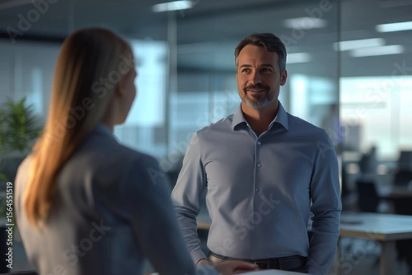 Obraz AI-generated illustration shows two business professionals discussing a proposal in an office.