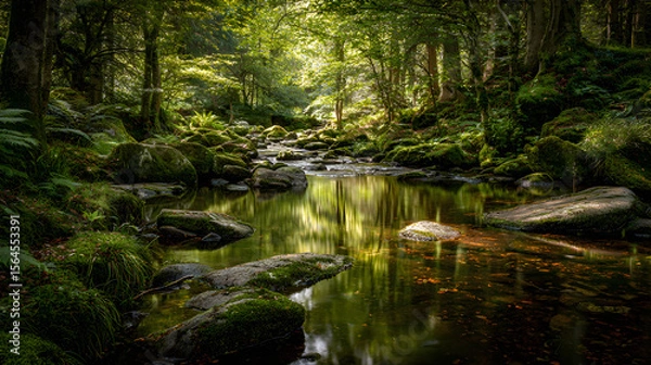 Obraz Whispering Waters: A Tranquil Stream Meanders Through an Enchanted Forest