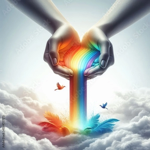 Fototapeta Two hands release vivid rainbow streams that swirl upward, symbolizing boundless creativity, diversity, freedom, spiritual flow, and expressive imagination. AI generated.
