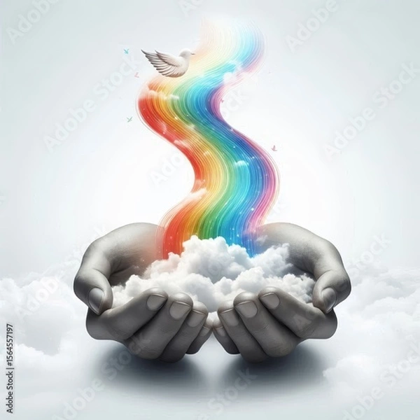 Fototapeta Two hands release vivid rainbow streams that swirl upward, symbolizing boundless creativity, diversity, freedom, spiritual flow, and expressive imagination. AI generated.
