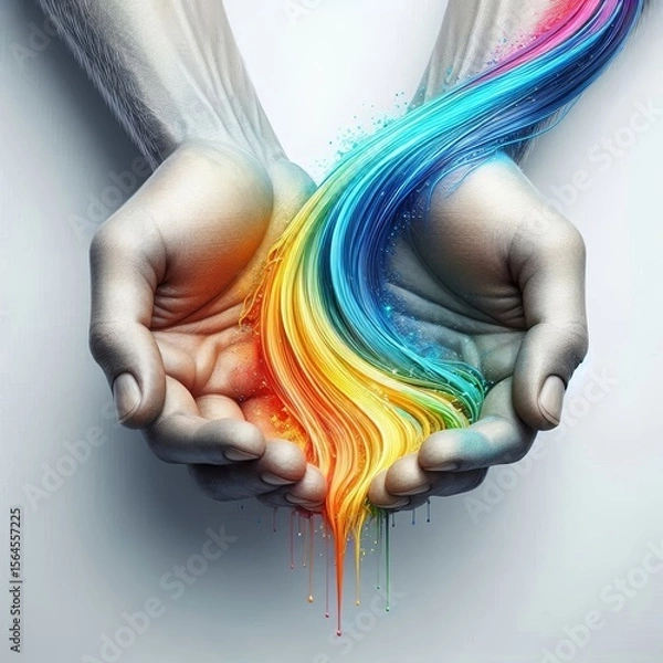 Fototapeta Two hands release vivid rainbow streams that swirl upward, symbolizing boundless creativity, diversity, freedom, spiritual flow, and expressive imagination. AI generated.
