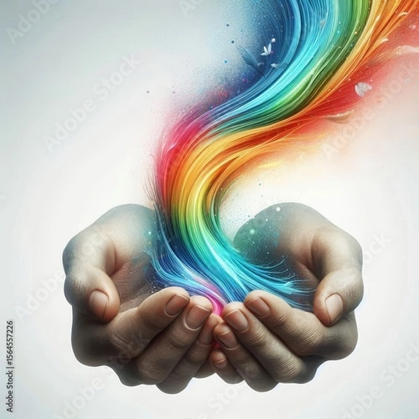 Fototapeta Two hands release vivid rainbow streams that swirl upward, symbolizing boundless creativity, diversity, freedom, spiritual flow, and expressive imagination. AI generated.
