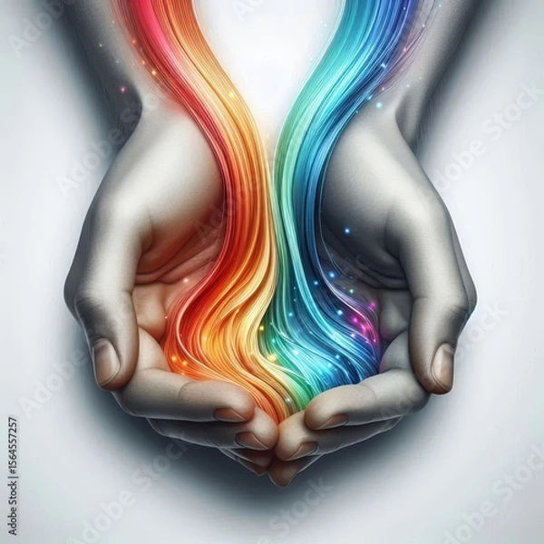 Fototapeta Two hands release vivid rainbow streams that swirl upward, symbolizing boundless creativity, diversity, freedom, spiritual flow, and expressive imagination. AI generated.
