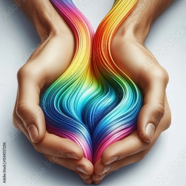 Fototapeta Two hands release vivid rainbow streams that swirl upward, symbolizing boundless creativity, diversity, freedom, spiritual flow, and expressive imagination. AI generated.
