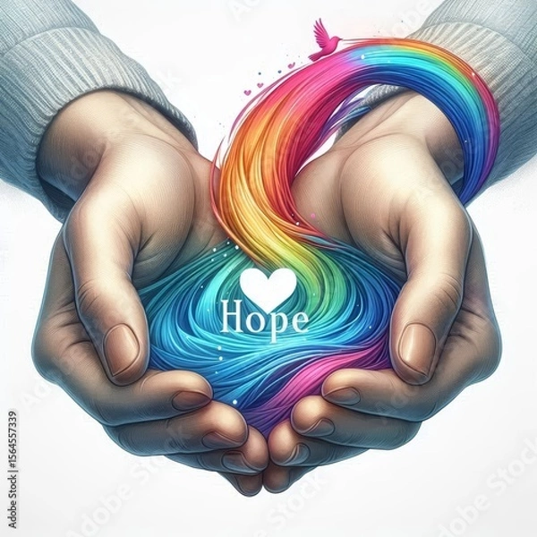 Fototapeta Two hands release vivid rainbow streams that swirl upward, symbolizing boundless creativity, diversity, freedom, spiritual flow, and expressive imagination. AI generated.
