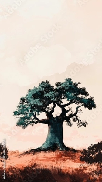 Fototapeta Large tree,  sunset sky,  arid landscape.