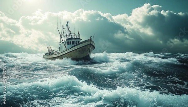 Fototapeta Photo of a ship drifting in the middle of the sea with big waves. Old boat or ship drifting in the middle of the sea. Sea with big waves