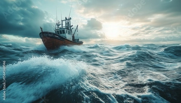 Fototapeta Photo of a ship drifting in the middle of the sea with big waves. Old boat or ship drifting in the middle of the sea. Sea with big waves