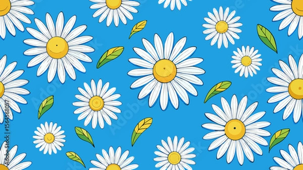 Fototapeta Charming daisy pattern with smiling faces on a bright blue background