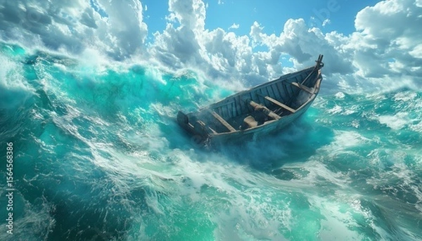 Fototapeta Photo of a ship drifting in the middle of the sea with big waves. Old boat or ship drifting in the middle of the sea. Sea with big waves