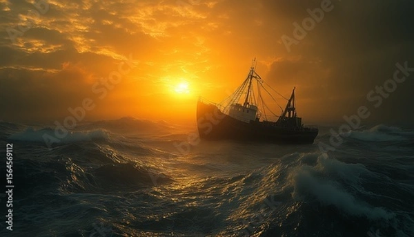 Fototapeta Photo of a ship drifting in the middle of the sea with big waves. Old boat or ship drifting in the middle of the sea. Sea with big waves