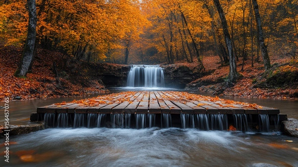 Fototapeta hidden waterfall flowing through autumn woodland with rustic wooden bridge and vivid fall foliage
