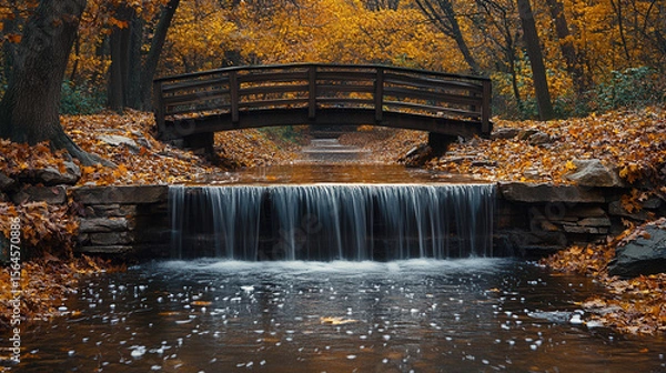 Fototapeta hidden waterfall flowing through autumn woodland with rustic wooden bridge and vivid fall foliage