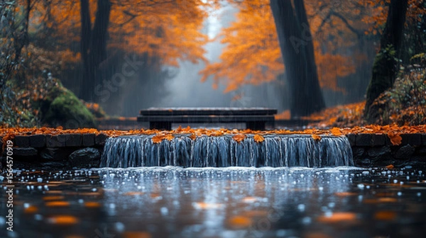 Fototapeta hidden waterfall flowing through autumn woodland with rustic wooden bridge and vivid fall foliage