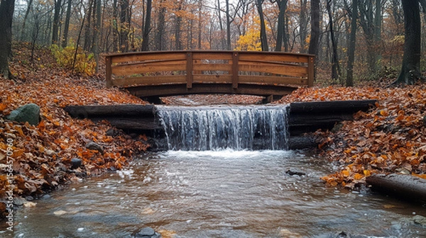 Fototapeta hidden waterfall flowing through autumn woodland with rustic wooden bridge and vivid fall foliage