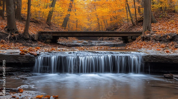 Fototapeta hidden waterfall flowing through autumn woodland with rustic wooden bridge and vivid fall foliage