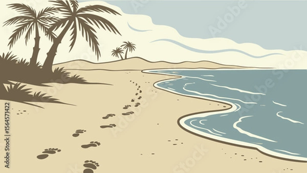 Fototapeta Illustration of a tropical beach with palm trees, footprints in the sand, and gentle waves lapping ashore