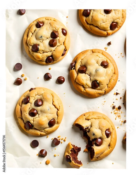 Fototapeta Delicious chocolate chip cookies stacked and scattered, isolated on a clean white background, perfect for bakery or dessert themes.