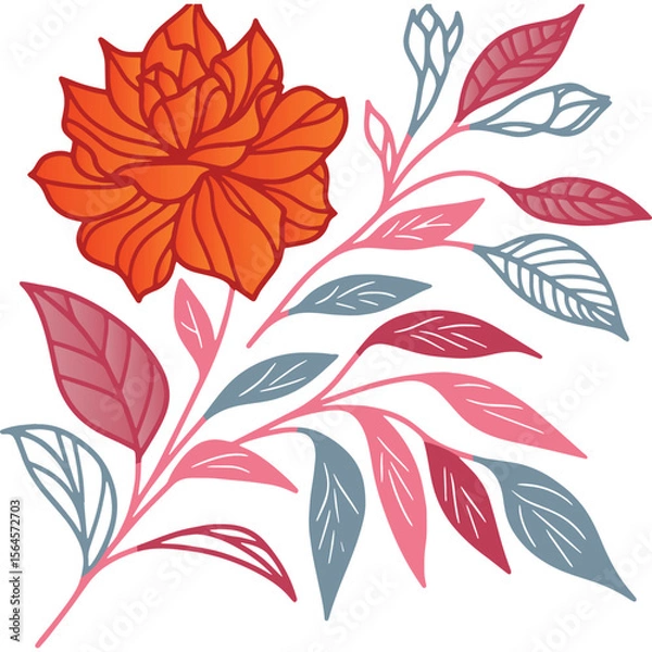 Fototapeta stylish botanical drawing with floral bloom and ornate leafy accents for fashion illustration and wall hangings

