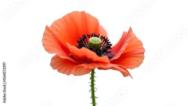 Fototapeta Photorealistic image of a Papaver (poppy) flower isolated on white. Thin crinkled petals with dark center and soft green leaves. Botanical macro with soft light and natural detail.