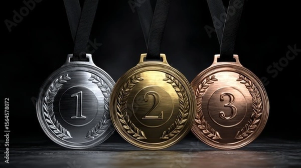 Fototapeta Realistic 3D medals in gold, silver, and bronze on black. Representing 1st, 2nd, and 3rd place awards. Clean, quality badge set for recognition.