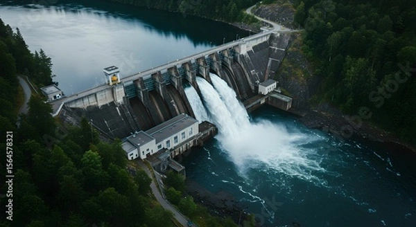 Fototapeta Aerial view of a massive concrete hydroelectric dam releasing white water through open gates into a turbulent river, surrounded by forested hills and winding roads under an overcast sky.