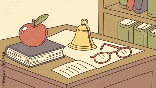 Fototapeta A desk scene featuring an apple on a book, a bell, glasses, and a note with a bookshelf behind it
