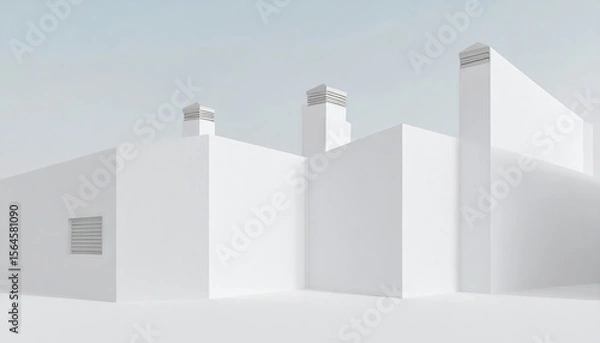 Obraz Architectural Minimalist Building with Geometric White Exterior and Chimneys under Bright Daylight