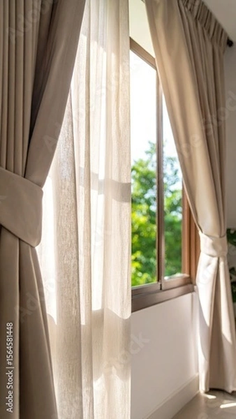 Obraz Beige Curtains Framing A Sunny Window In A Brightly Lit Interior Space