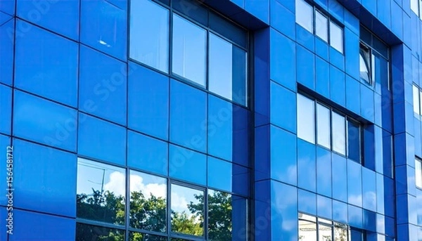 Obraz Blue Facade Building with Reflective Windows Capturing Sunlight And Trees During Daytime