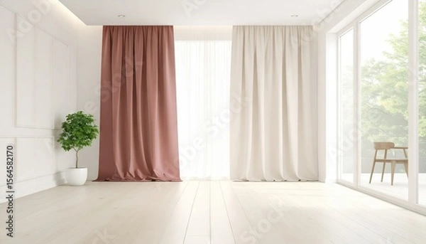 Obraz Bright Minimalist Interior Room with Red and White Curtains a Small Plant and Large Windows with Wooden Flooring
