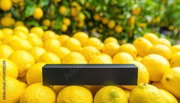 Obraz Bright Yellow Lemons with a Black Rectangle Display and Green Foliage Background