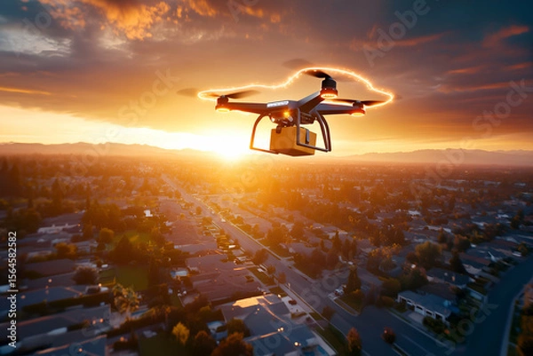 Obraz drone delivering a package flying over a suburban neighborhood at sunset