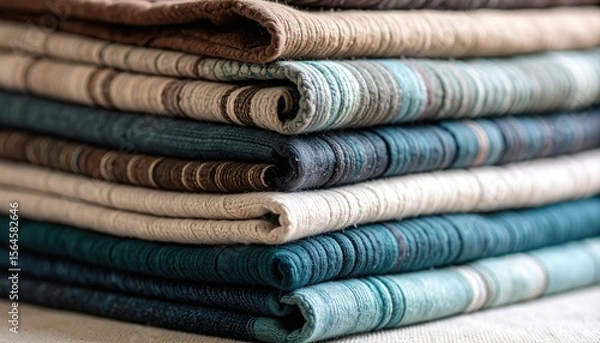 Obraz Close Up Of A Stack Of Folded Textured Fabric Displaying Teal Blue And Brown Colors