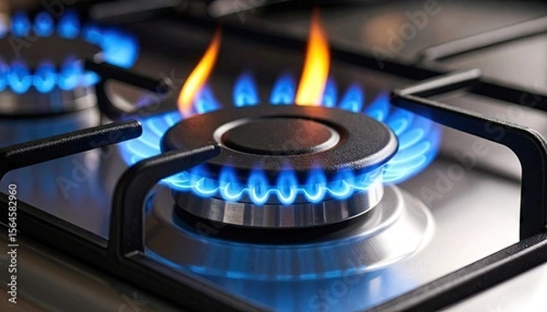 Obraz Close-up Of Burning Gas Stove With Blue And Orange Flames And Black Metal Frame