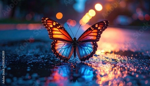 Obraz Close Up of Butterfly with Orange and Blue Wings on a Wet Street at Sunset