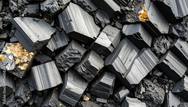 Obraz Close Up Of Geometric Black Crystals With Orange Spots and A Dark Background