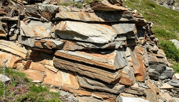 Obraz Close Up Of Layered Rock Formation Revealing Geological Texture Outdoors With Brown And Gray Tones