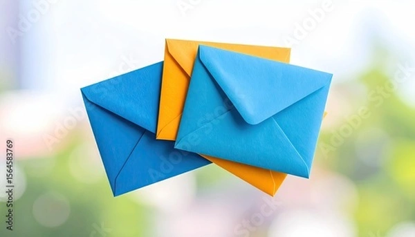 Obraz Close-up View of Colorful Paper Envelopes Against Blurry Green and White Bokeh Background