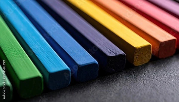 Obraz Close Up View Of Colorful Pastels Arranged In A Diagonal Line On A Dark Gray Surface