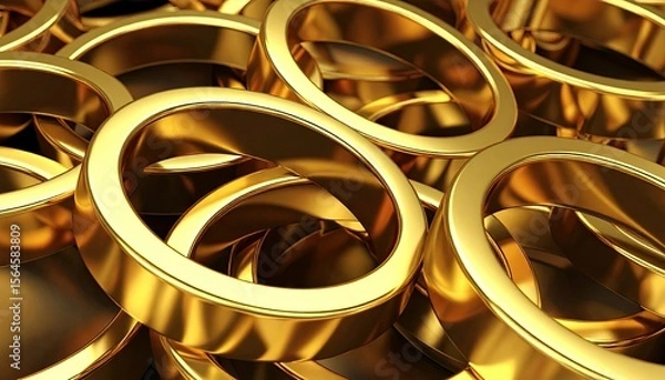 Obraz Close Up View Of Golden Rings Overlapping With Reflective Surfaces And Gleaming Light