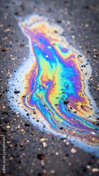 Obraz Close Up View Of Oil Spill On Dark Asphalt With Colorful Rainbow Reflective Surface