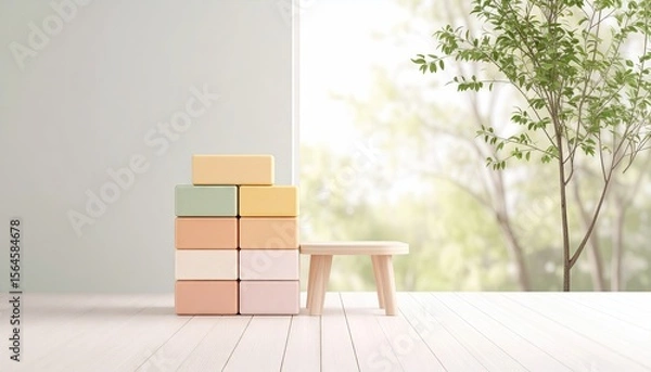 Obraz Colorful Pastel Blocks Stacked Beside A Small Wooden Stool Near A Bright Window with Green Tree View