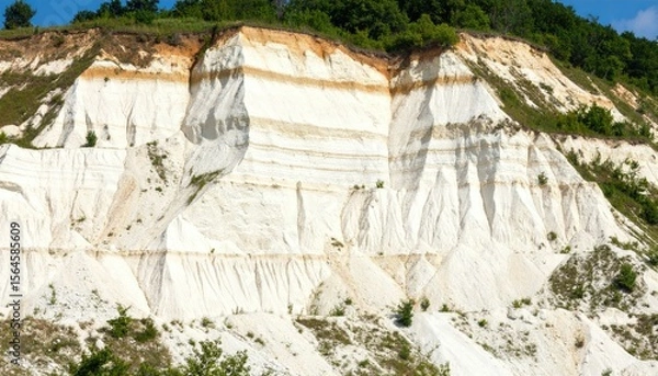 Obraz Detailed View Of Stratified White Cliff Face With Green Vegetation And Earth Layer Under Sunlight