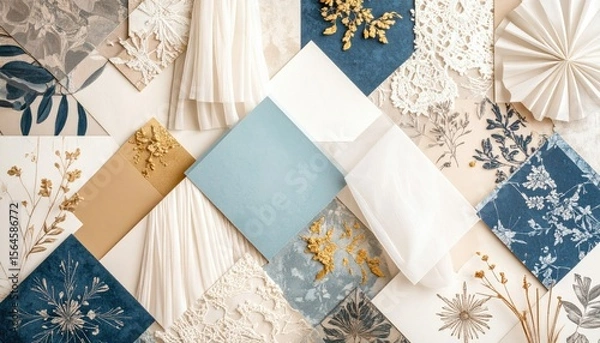 Obraz Elegant Abstract Arrangement Of Squares In Blue White And Gold With Floral And Snowflake Patterns