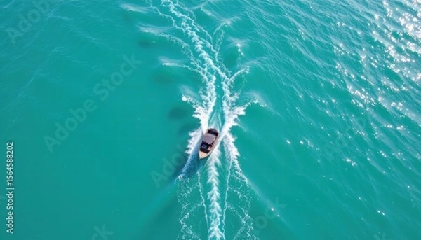 Fototapeta Aerial View of a Small Boat Creating Waves in Sparkling Turquoise Water Under Bright Sunshine in a Serene Seascape