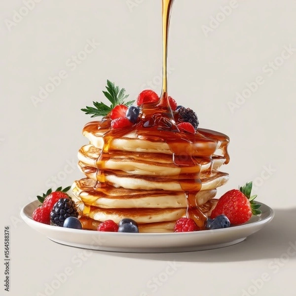 Fototapeta Stack of Pancakes with Berries and Pouring Syrup on White Plate