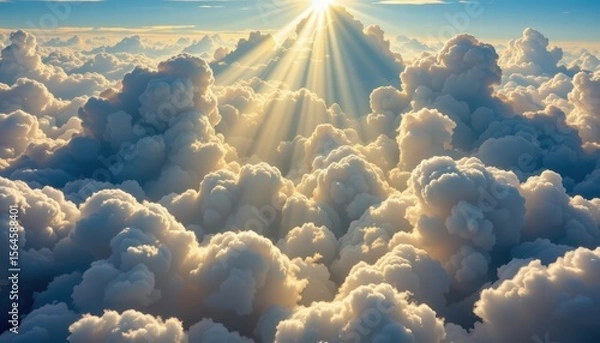 Fototapeta Majestic Sunlight Breaking Through Fluffy Clouds in a Blue Sky with Soft Golden Rays Illuminating the Sky on a Peaceful Day