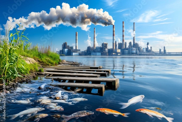 Obraz the contrast between industrial pollution from a factory and a clean river with fish